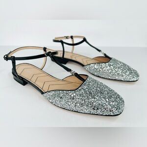 GUCCI PETITE GG SLINGBACK SILVER GLITTER PATENT CHARLOTTE FLATS SIZE EU 40